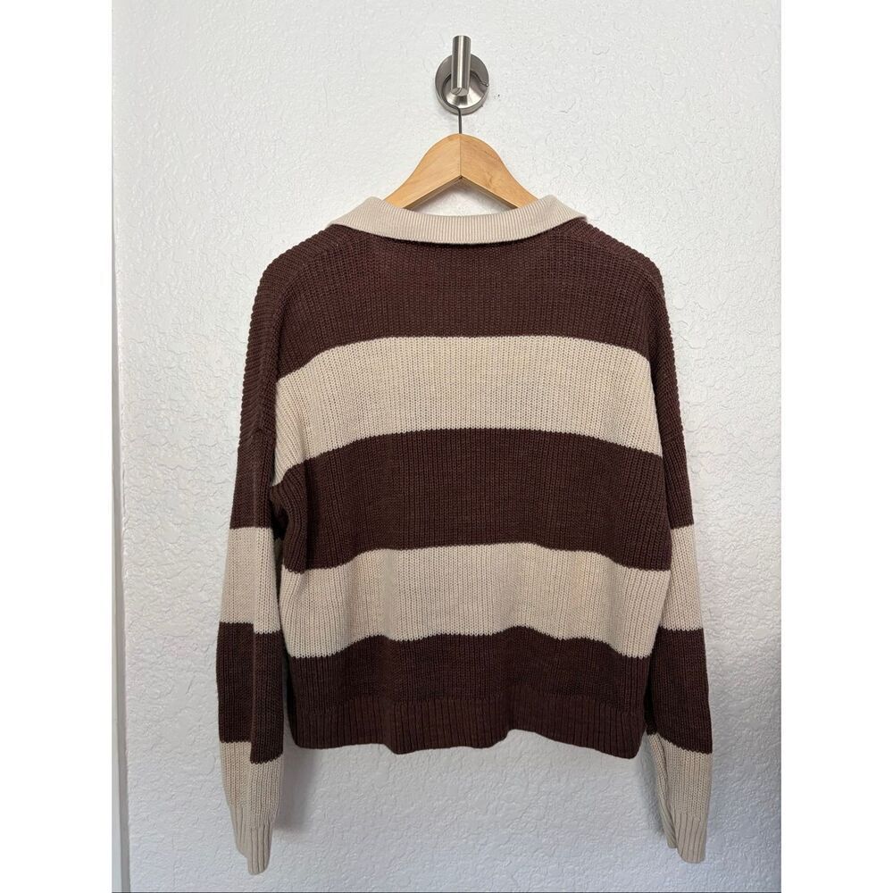 Faherty Miramar Linen Polo Sweater in Cocoa Rugby Stripe Cream, Brown Size L - Picture 6 of 12
